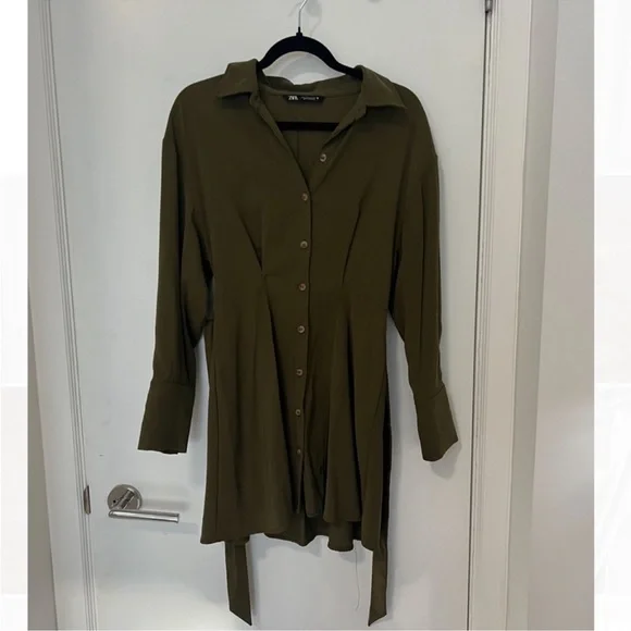 Zara Belted Shirt Kaki Dress - Picture 3 of 7